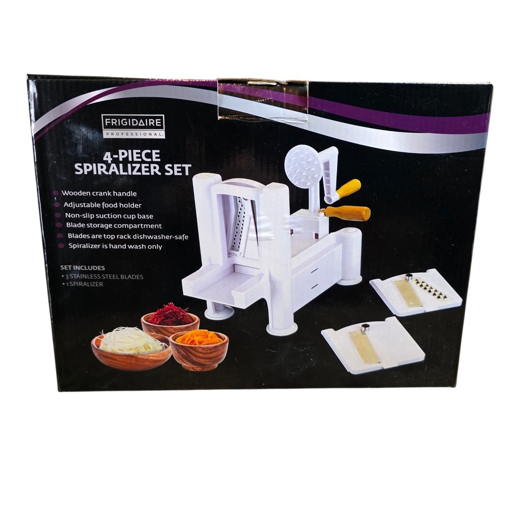 Frigidaire 4 Piece Spiralizer Set 3 Stainless Steel Blades Wooden Crank